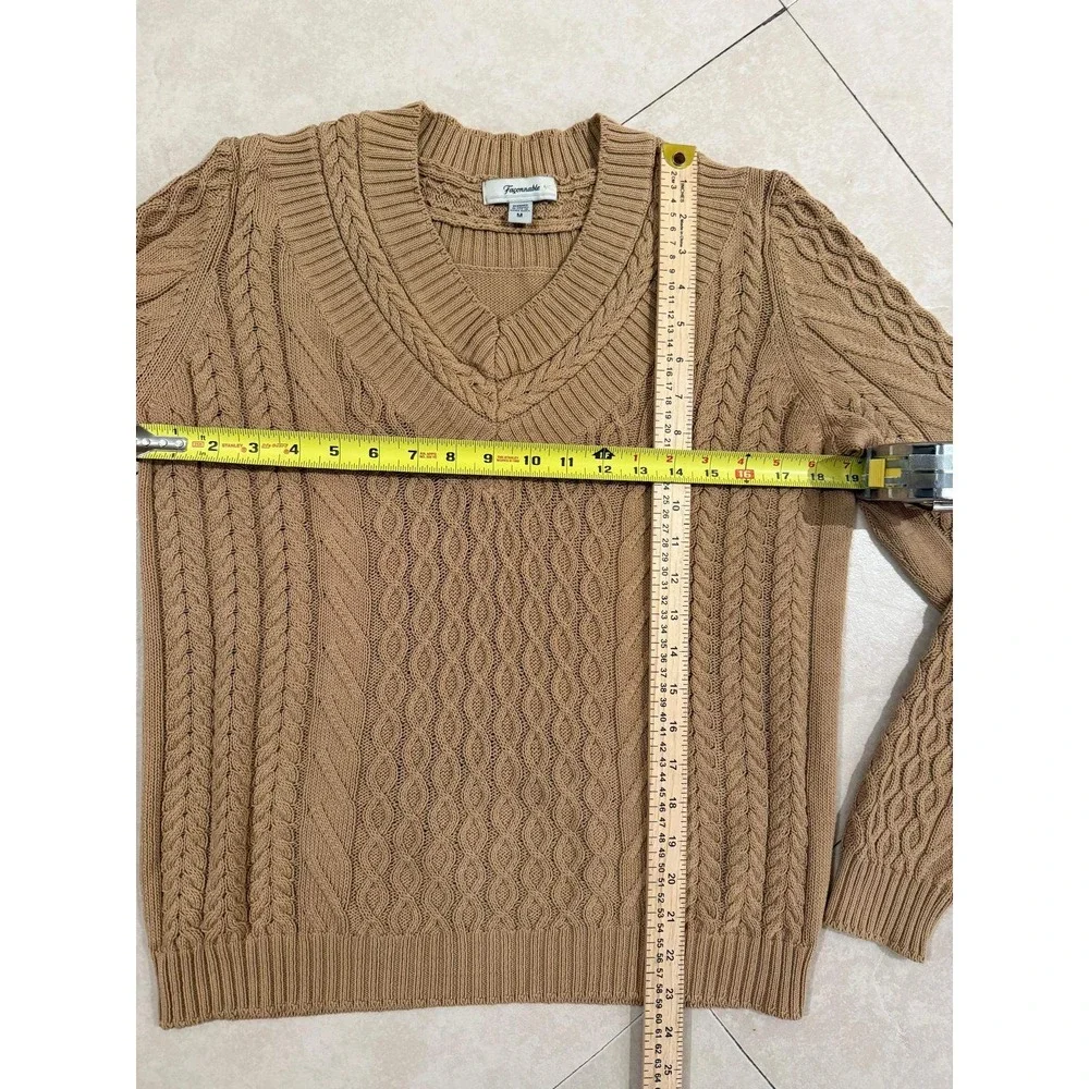Façonnable Men's M V-Neck Cable Knit Sweater Camel Tan 100% Cotton French Design